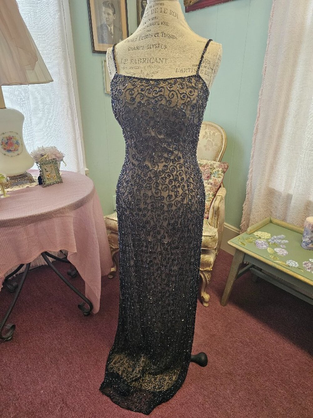Vintage JÉ MATADI by Sean Mehta Silk Beaded Maxi Gown Dress Iridescent L Y2K